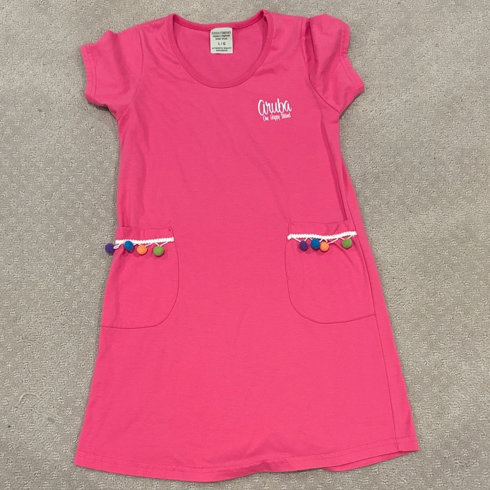 Pink Kids Dress with Pom Pom Accents Aruba shortsleeved sundress size large soft